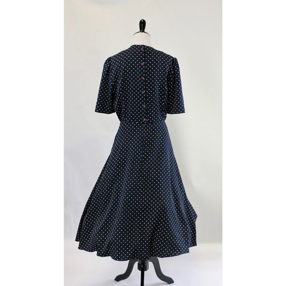 Vintage Navy Dress with Yellow Polka Dots, Full Skirt and Pockets Medium - Picture 7 of 10